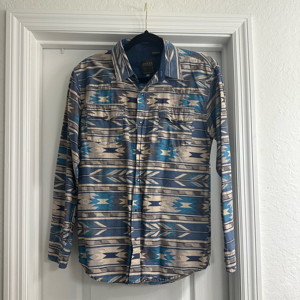Roper Blue and Beige Geometric Pearl snap